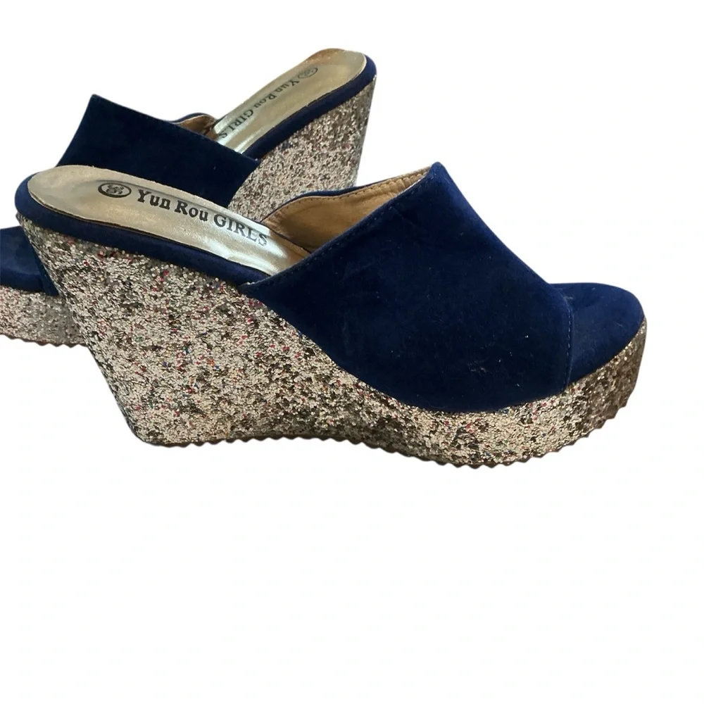 YRU Blue Silver Sequin Platform Wedges Y2K Party Glam Retro Size 36/ US 5.5-6